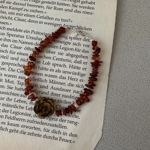 Vintage S925 silver bracelet with red agate stones and a tiger eye rose carving