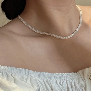 Elegant S925 sterling silver woven lace choker necklace shown on model neckline