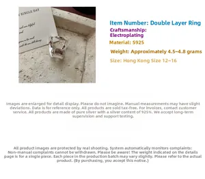 Macro detail of S925 sterling silver double-layer ring with weight and size specifications