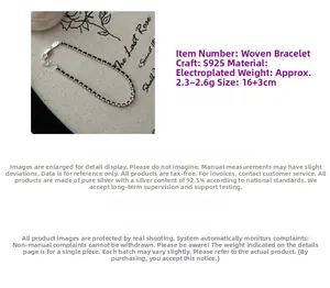 Detail of S925 sterling silver woven chain bracelet with 16+3cm length and 2.3g-2.6g weight