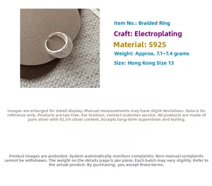 Macro detail of S925 sterling silver braided ring with 7.1g weight specification