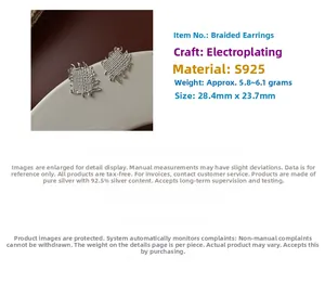 Detail view of S925 sterling silver woven earrings with 28.4mm by 23.7mm dimensions