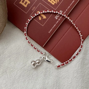 S925 Sterling Silver Gourd Red String Bracelet with Silver Beads and Lobster Clasp