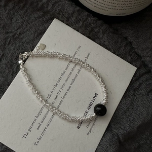 Bracelet S925 en Argent Sterling Agate Noire Perles Géométrique Enroulement de Fil Design Indie Bijoux Minimalistes Cadeau Femme