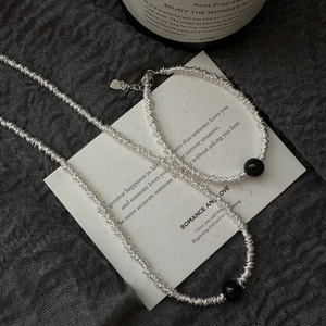 Parure collier et bracelet en argent S925 avec perles d'onyx noir et fil métallique