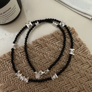 Collier en Argent Sterling S925 Agate Noire pour Femmes Vintage Minimaliste Style Ins Design Irrégulier Chaîne de Clavicule Bijoux