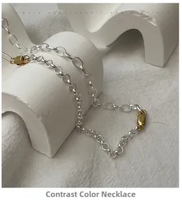 Macro view of S925 sterling silver chain necklace with gold and silver color contrast