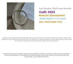 Detail of S925 sterling silver multi-layer chain bracelet with 19cm length and refined finish