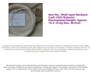 Detailed specs of S925 sterling silver multilayer choker weighing 14.5g and 40+5cm length