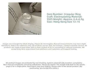 Detailed view of wide irregular wave texture S925 sterling silver ring with dimensions