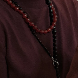 S925 silver double-layer beaded necklace with red agate and black stones with infinity charm