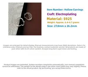 Detail view of S925 silver hollow mesh earrings showing dimensions and technical specs
