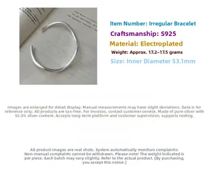 S925 silver irregular wavy bracelet with brushed finish and 53.1mm inner diameter