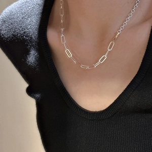 Modern S925 sterling silver paperclip chain necklace with gold and silver color contrast