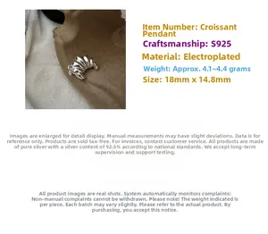Macro detail showing S925 sterling silver croissant pendant dimensions and tiered texture