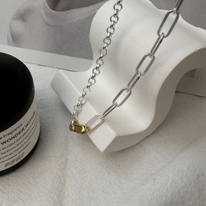 S925 silver two-tone necklace with mixed paperclip chains and golden buckle clasp