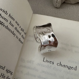 S925 Sterling Silver Irregular Wave Texture Wide Band Ring For Women Minimalist Liquid Metal Hammered Open Adjustable Ring Fashion Jewelry