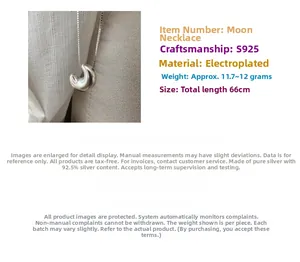 Macro detail of S925 sterling silver moon pendant with textured matte finish and long chain