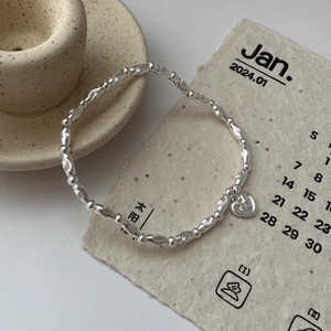S925 Sterling Silver Irregular Beaded Bracelet For Women Vintage Heart Pendant CNC Carved Elastic Bracelet Jewelry Gift