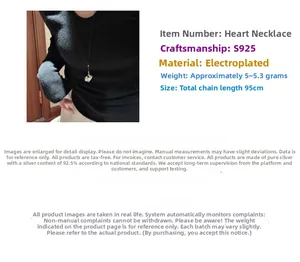 Detail of adjustable S925 silver heart necklace with 95CM long black cord and silver pendant