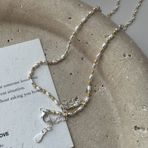 S925 sterling silver two-tone beaded chain necklace with silver and gold textured beads