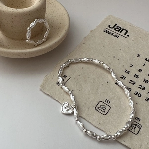 Minimalist S925 sterling silver beaded bracelet and ring set with a heart pendant