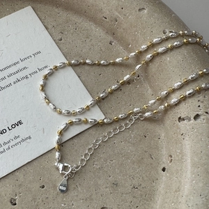 S925 sterling silver two-tone beaded necklace with gold and silver textured beads