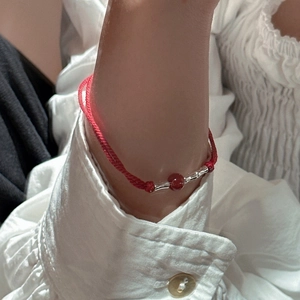 Minimalist S925 silver bamboo red string bracelet with agate bead for women