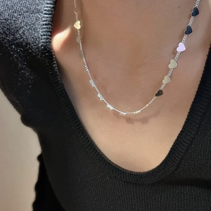 S925 sterling silver heart charm necklace with multiple tiny pendants on thin chain