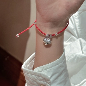 Adjustable minimalist S925 sterling silver red rope bracelet with heart pendant