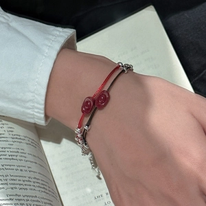 S925 silver red and black woven cord bracelets with cinnabar style ingot charms