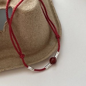 Minimalist S925 silver bamboo-style agate red cord bracelet with silver beads