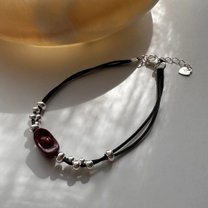 S925 Sterling Silver Chinese New Year red ingot bracelet with black woven rope