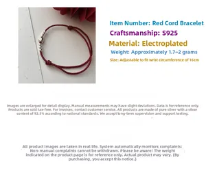 Detailed view of S925 sterling silver beads and adjustable red braided cord bracelet