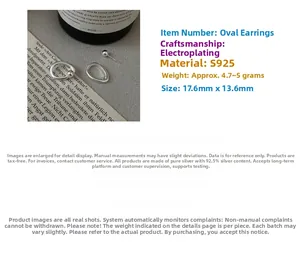 Detail view of S925 sterling silver oval earrings showing 17.6mm size and 5g weight