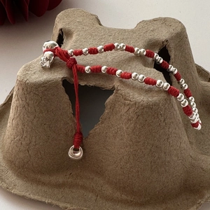 Bracelet éléphant en argent S925 tressé rouge avec cordon ajustable et perles métalliques
