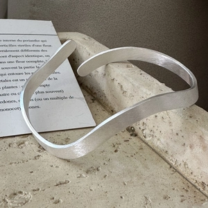 925 Sterling Silver Wave Pattern Brushed Open Cuff Bracelet For Women Minimalist Vintage Adjustable Fashion Bangle Jewelry