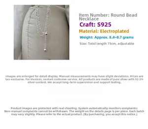 Macro detail of S925 plated silver bead necklace with adjustable 75cm chain parameters