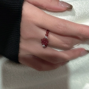 S925 sterling silver ring featuring red agate beads and a carved flower in Chinese style