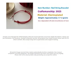 Detail view of S925 sterling silver bamboo joint charms on adjustable red braided rope bracelet
