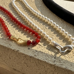 925 Sterling Silver Beaded Necklace Brushed Clasp Minimalist Artificial Pearl Agate Clavicle Chain Jewelry Women