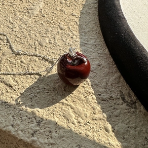 Minimalist S925 sterling silver necklace with dark red apple pendant on a pearl chain