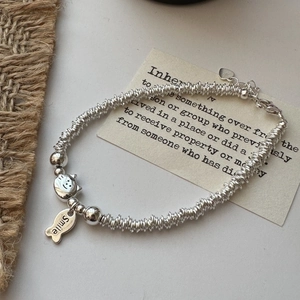 S925 sterling silver cat and fish beaded bracelet with textured wire coil design