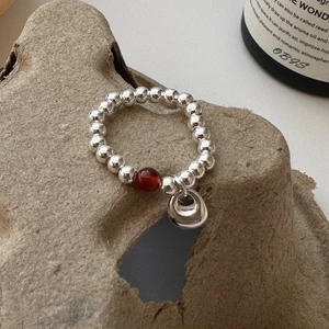S925 Sterling silver beaded ring featuring a red agate stone and a silver round charm