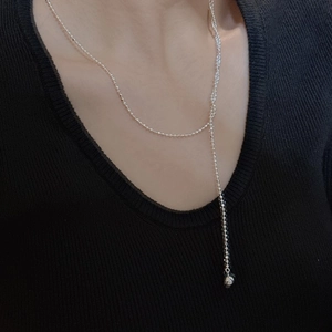 Minimalist S925 sterling silver Y-shaped long necklace with round bead chain on black knit