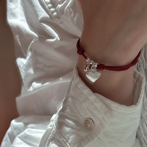 S925 sterling silver heart charm red string bracelet with minimalist woven rope design