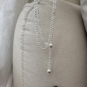 Minimalist S925 sterling silver beaded pull-chain necklace with adjustable hanging drops