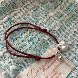 Red braided rope bracelet with S925 silver heart and bell charms for women