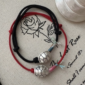 Vintage 925 Sterling Silver Tortoise Shell Hand Woven Red Black String Bracelet For Women Ethnic Style Adjustable Jewelry