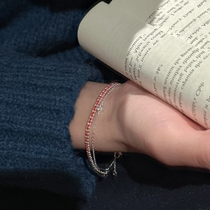 S925 silver and red rope double-layer woven bracelet with a sparkling cubic zirconia stone